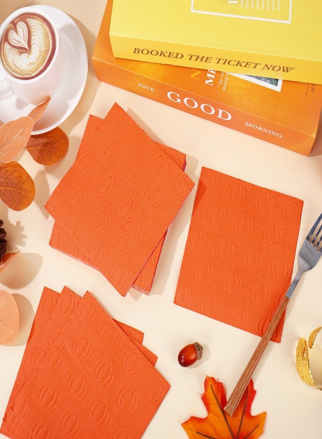 Whaline 100Pcs Thanksgiving Fall Cocktail Napkins 3D Embossed Pumpkin Disposable Napkins Orange Pumpkin Paper Beverage Napkin for Autumn Harvest Party Tableware Decor - Image 4